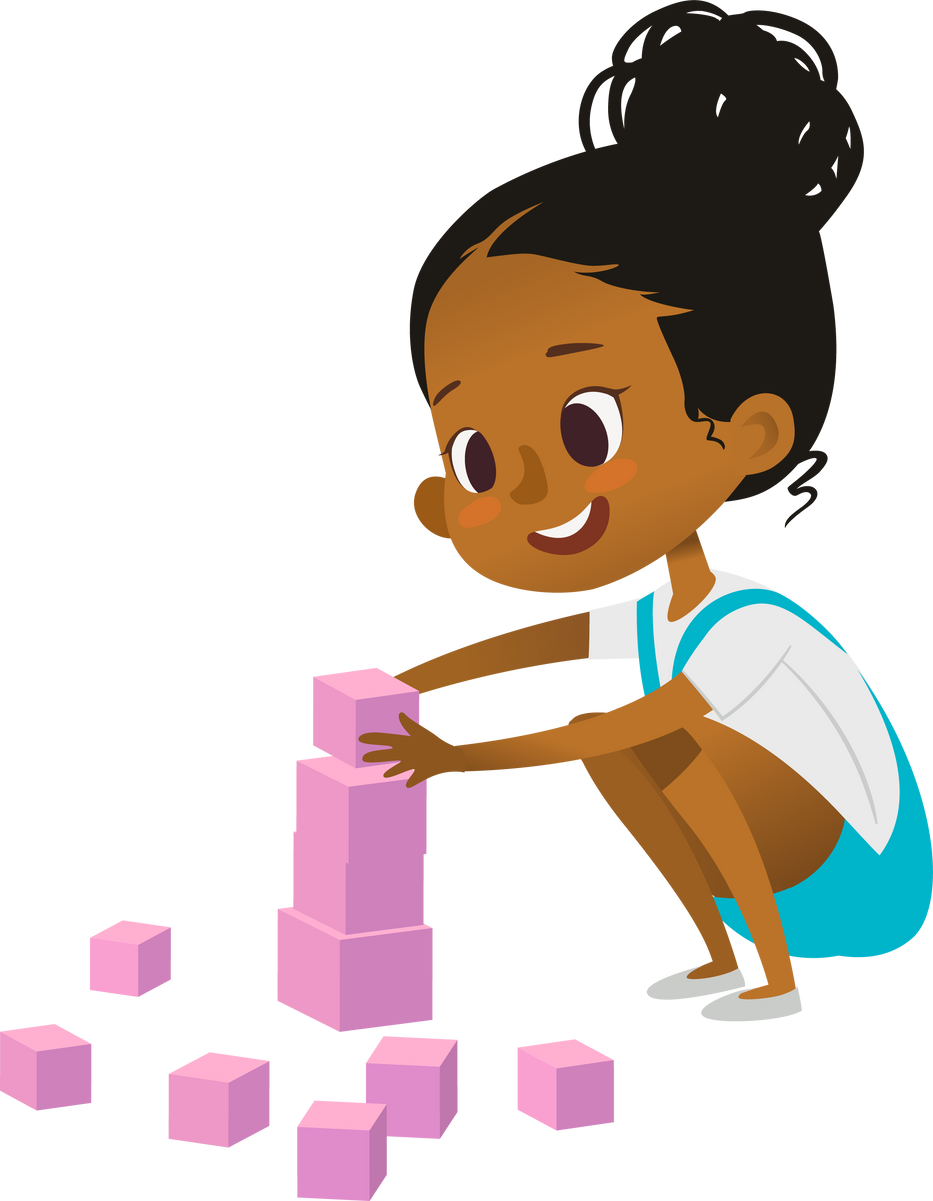 A black preschool girl squats and plays with pink blocks and builds a tower of pink blocks